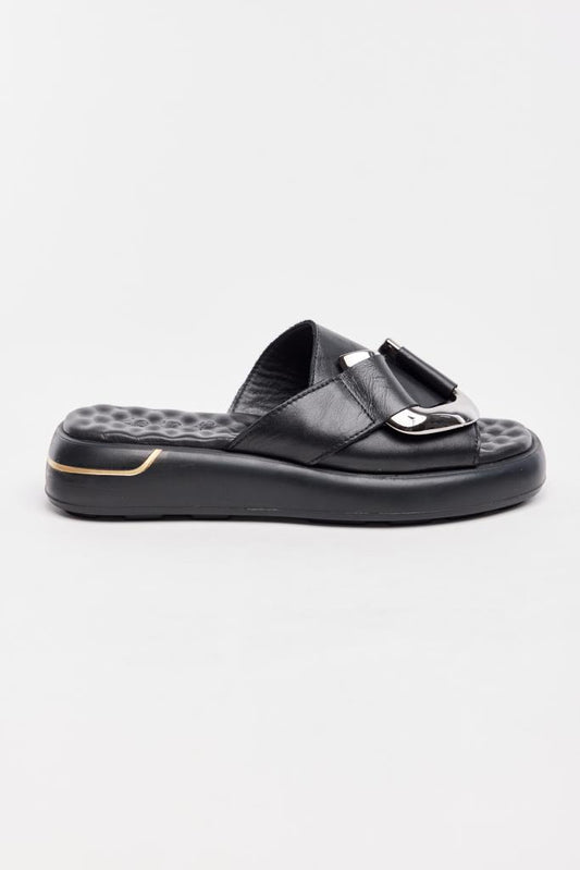Genuine Leather Buckled Women's Slippers 