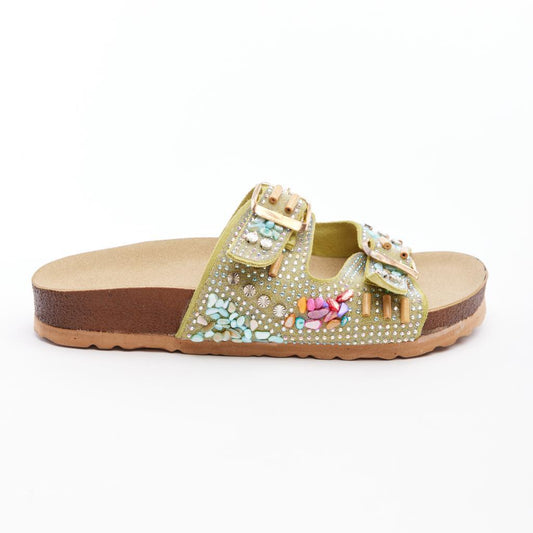 Genuine Leather Colorful Stone Women's Slippers