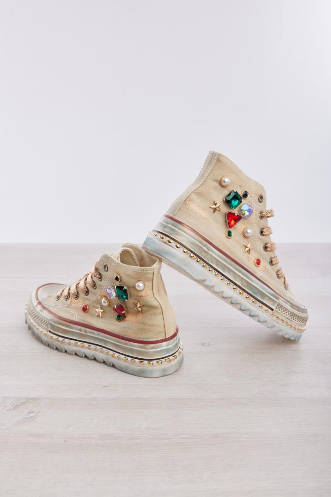 Bağcıklı Bilekte Taşlı Kadın Sneaker