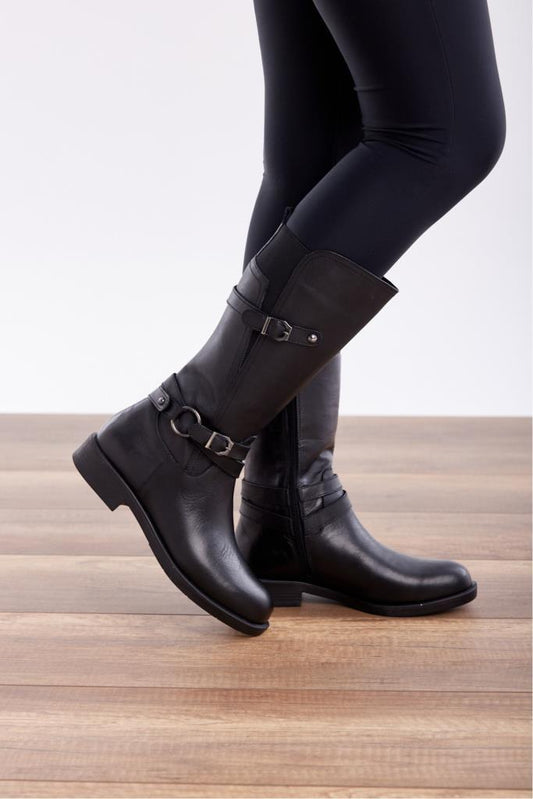 Genuine Leather Double Buckle Women's Boots