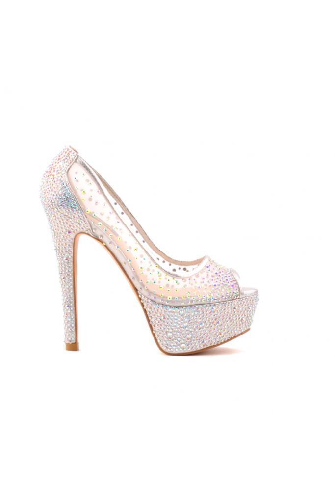 Cinderella Stone Accessory Mesh Platform Heeled Women's Stiletto